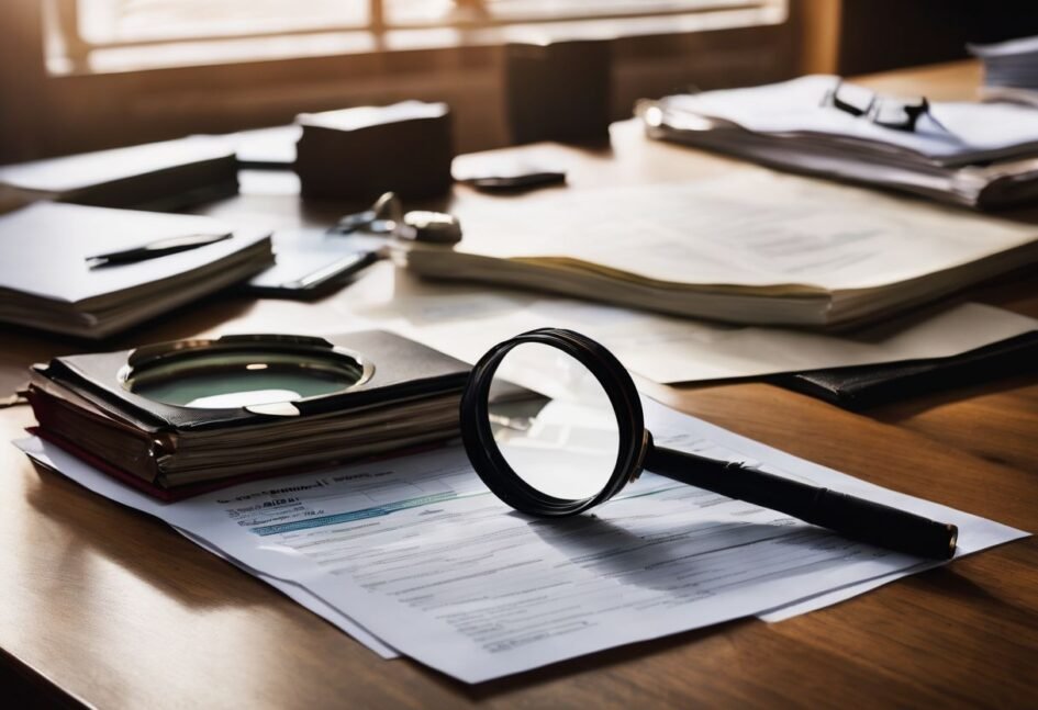 A stack of financial documents and a magnifying glass on a desk in an office.