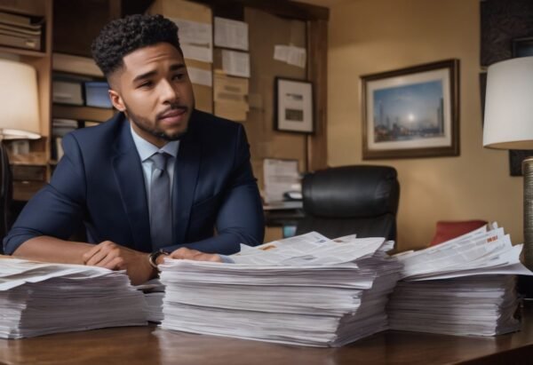 A person surrounded by tax documents and IRS logo in the background.
