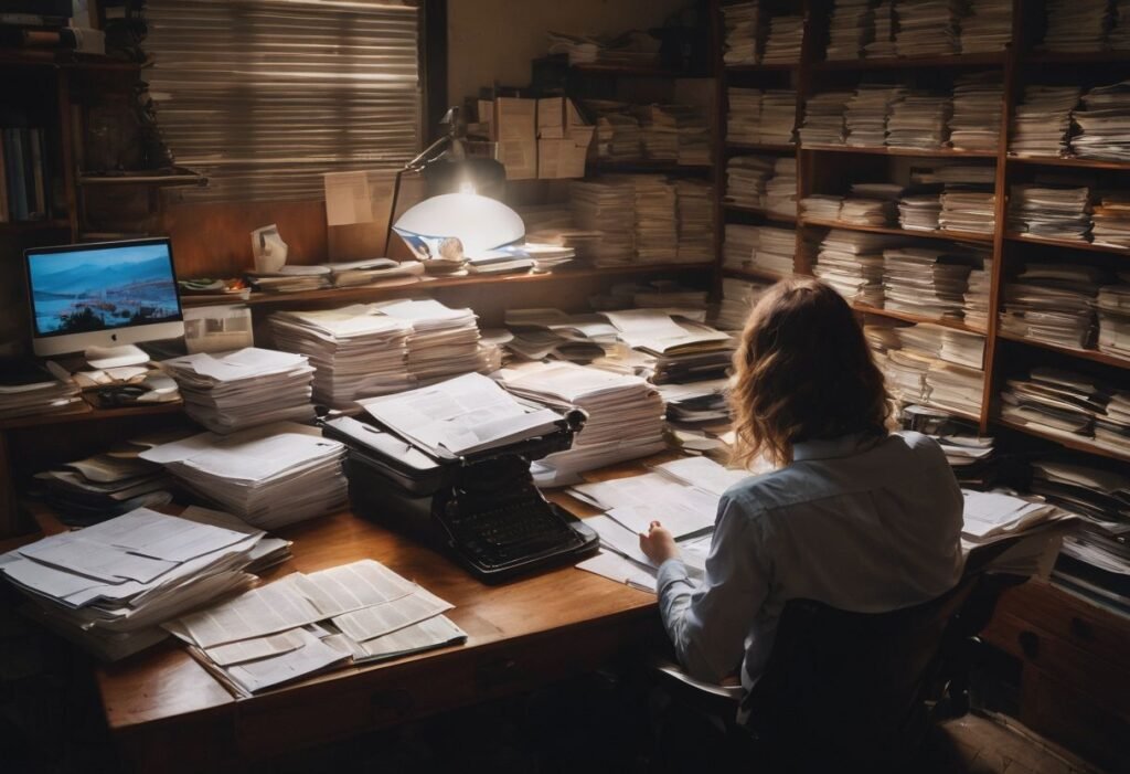 A person surrounded by tax documents at a cluttered desk.