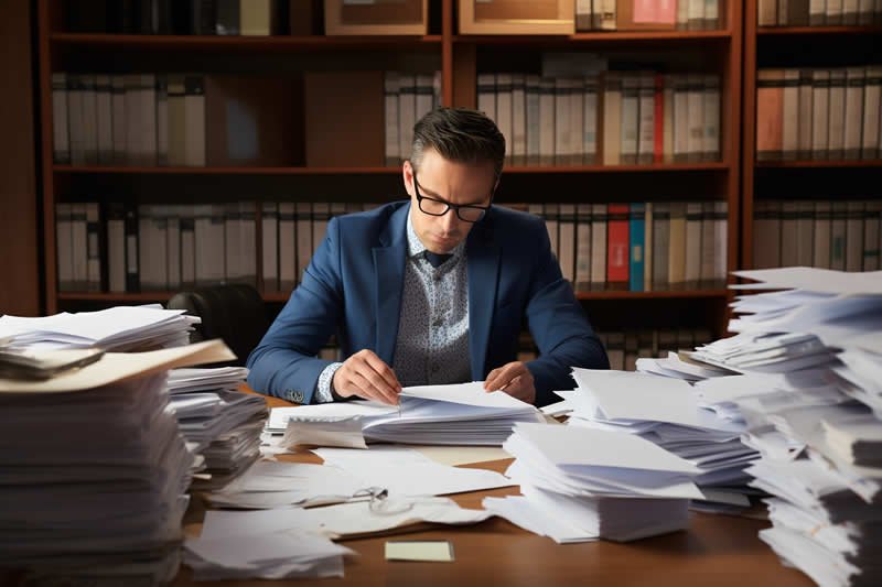 An IRS auditor examining financial documents in a bustling office setting.